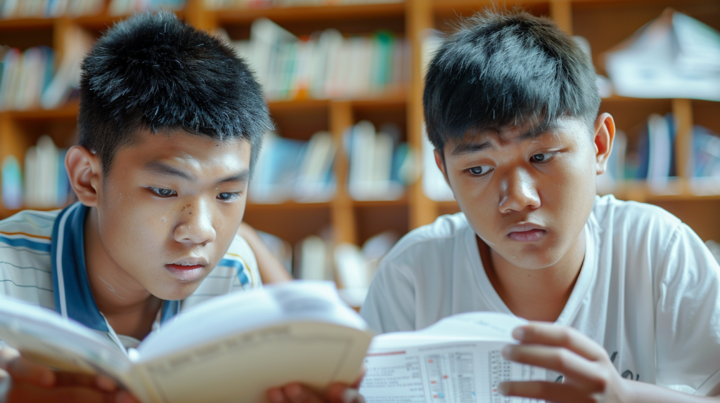 2 boys looking at their academic boks 