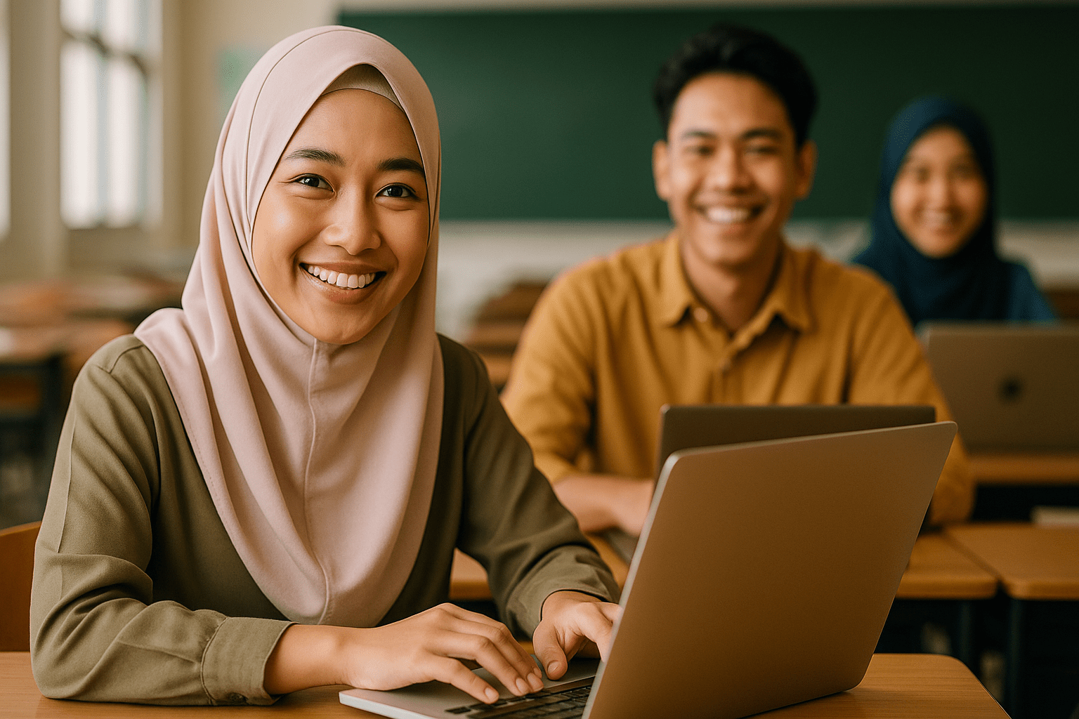A group of diverse students using laptops in a classroom environment.