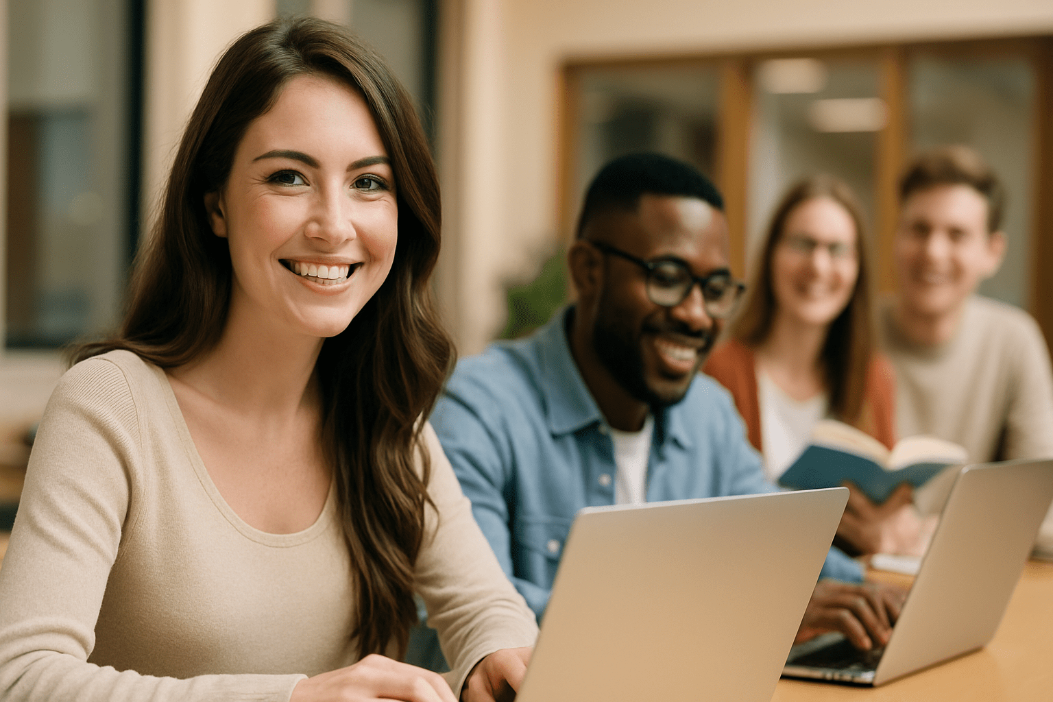 A group of four diverse individuals engaged in an online learning environment, smiling and focused on their laptops.