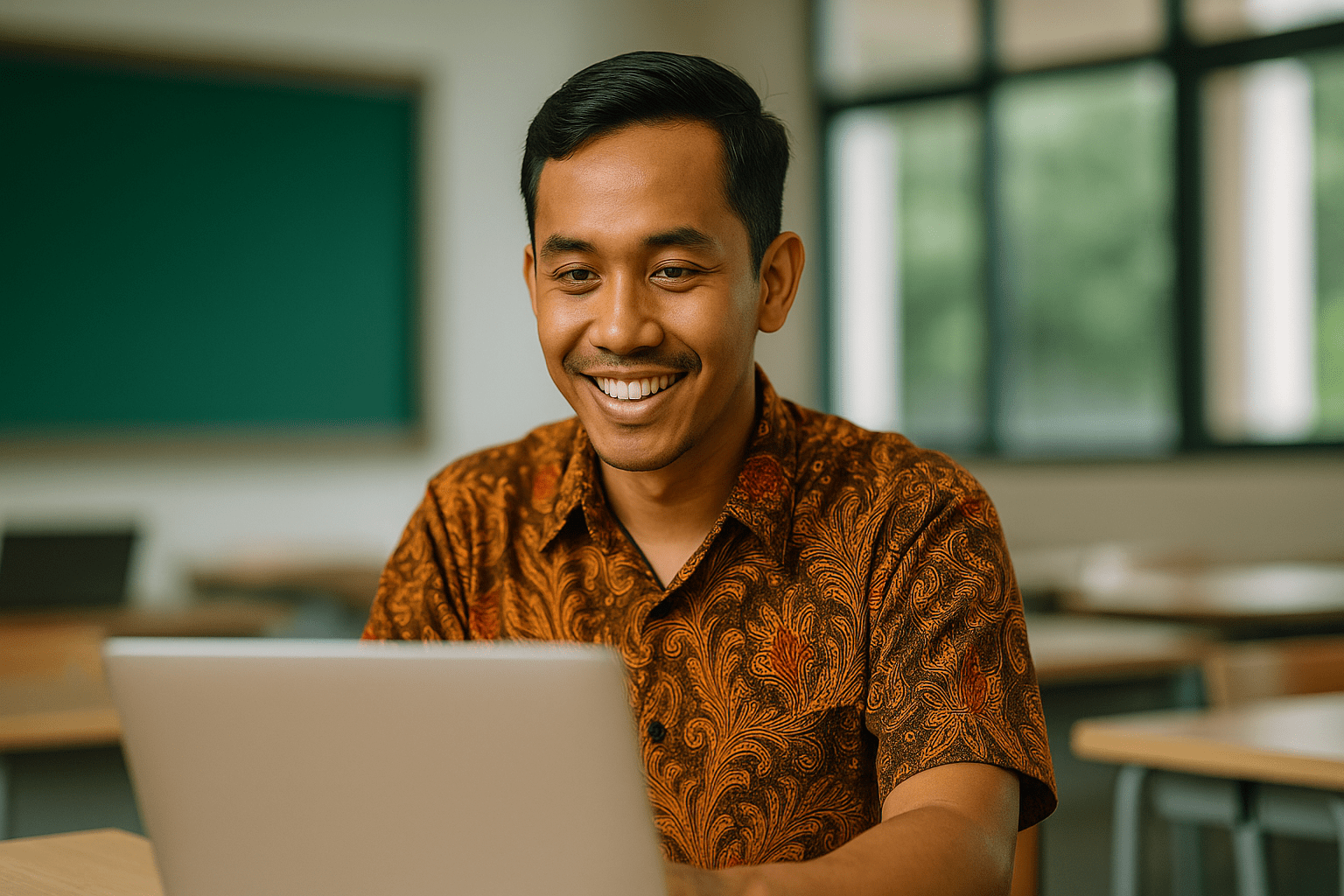 A person smiling while using a laptop for e-learning