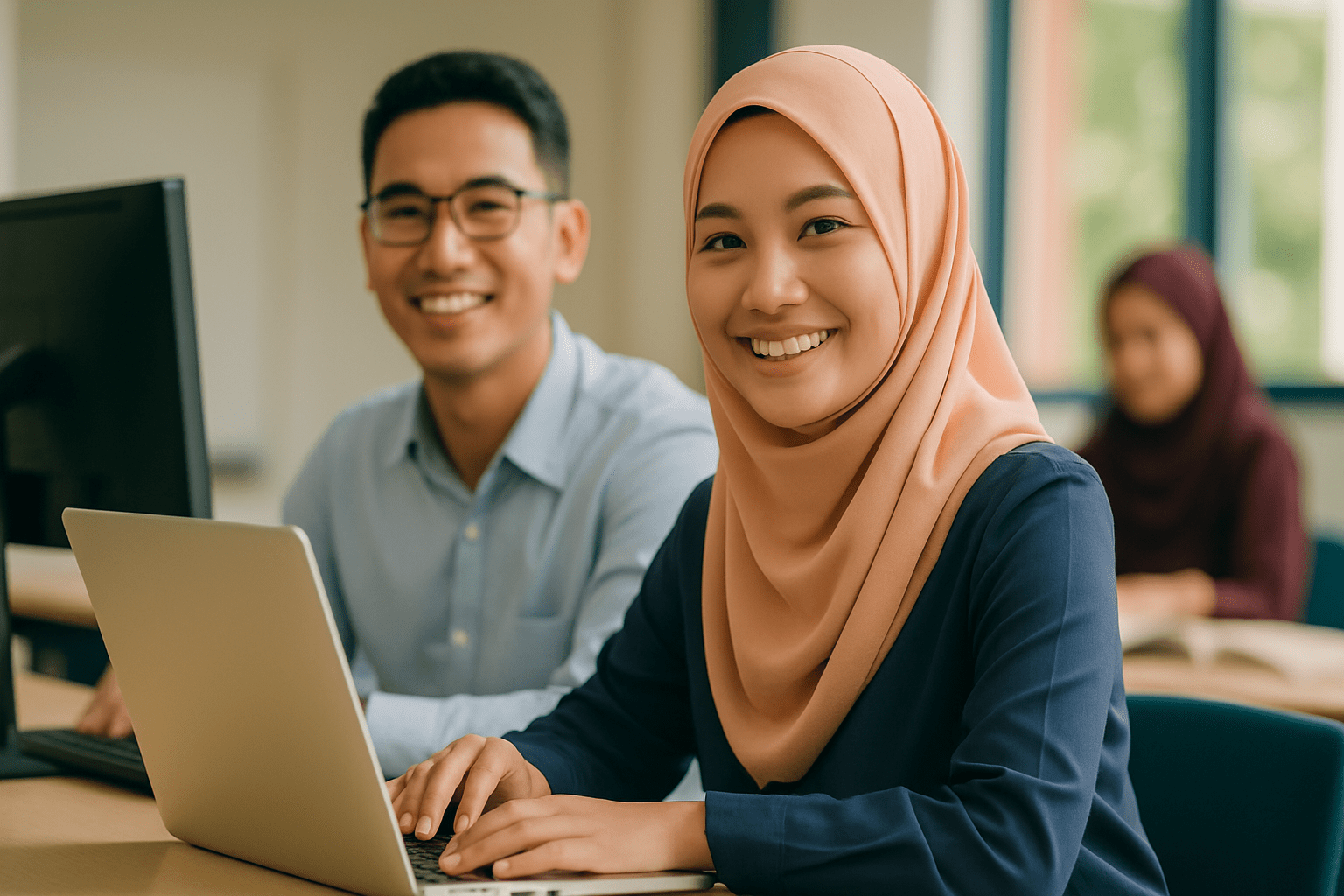 Two smiling individuals, one woman wearing a hijab and one man, engaged in learning on a laptop in a classroom environment
