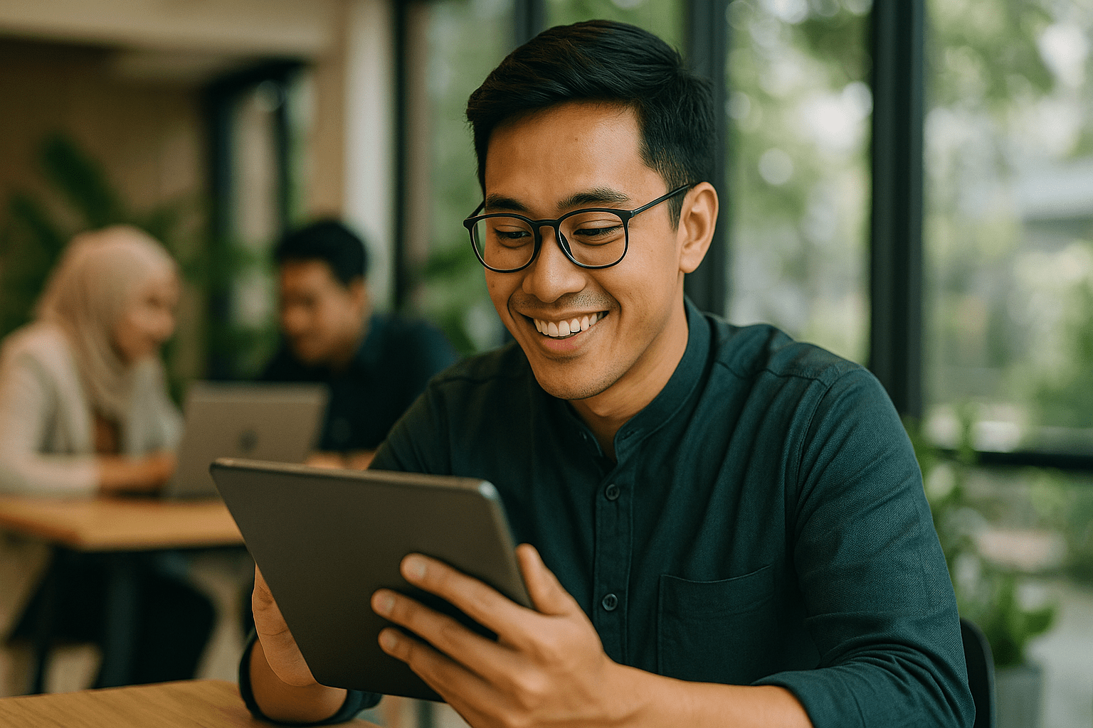 A smiling young man using a tablet for online learning in a modern workspace.