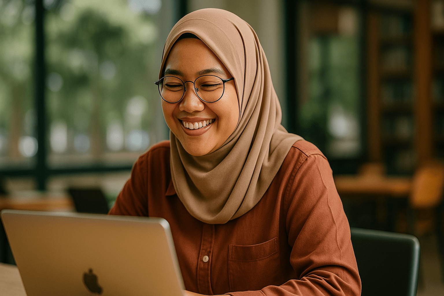 A woman wearing a hijab and glasses smiling while working on a laptop in a library setting