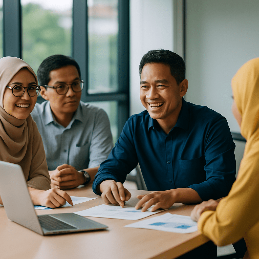 A group of professionals discussing over a laptop and documents in a meeting environment.