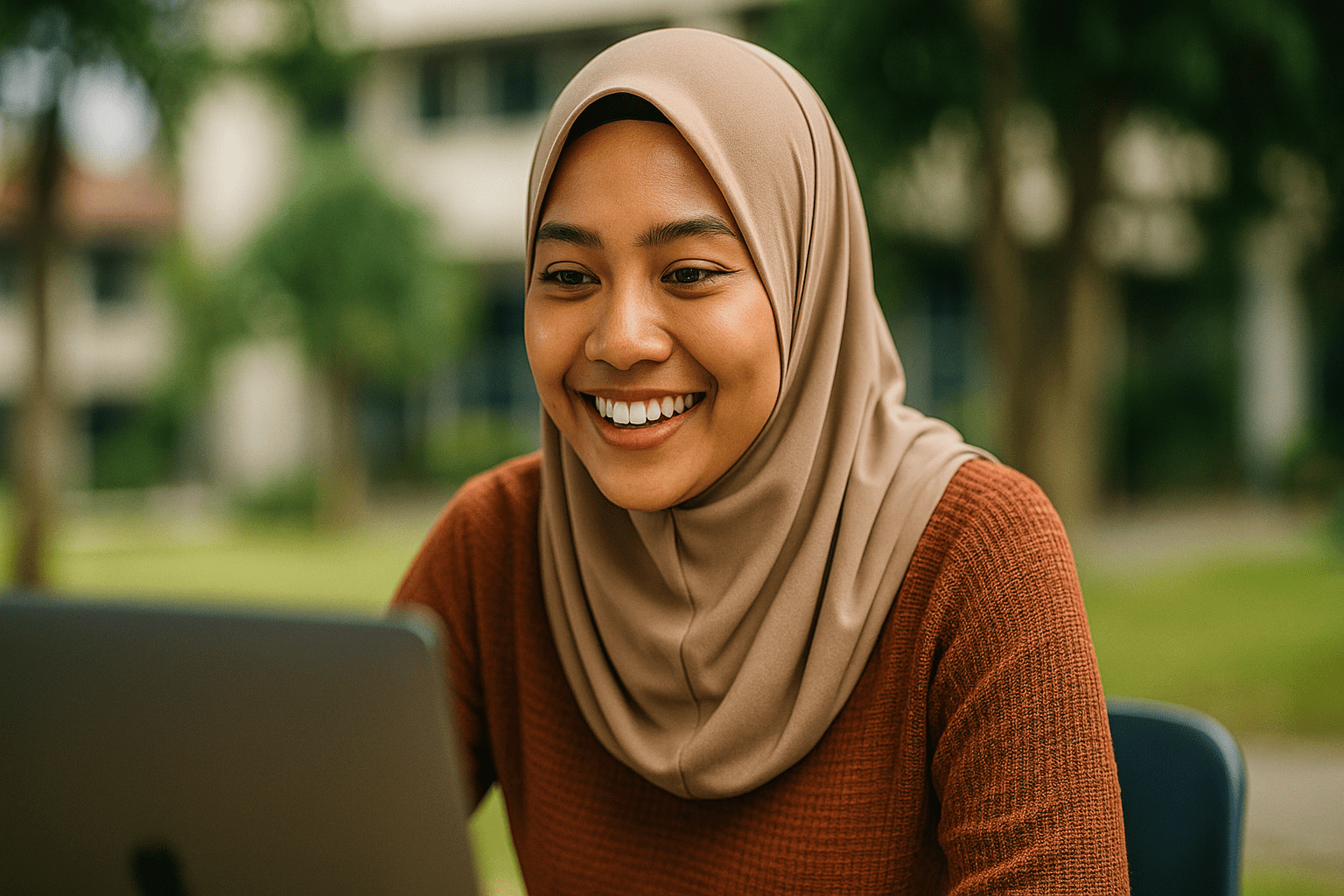 A smiling woman in a brown hijab, engaged in learning on a laptop outdoors.