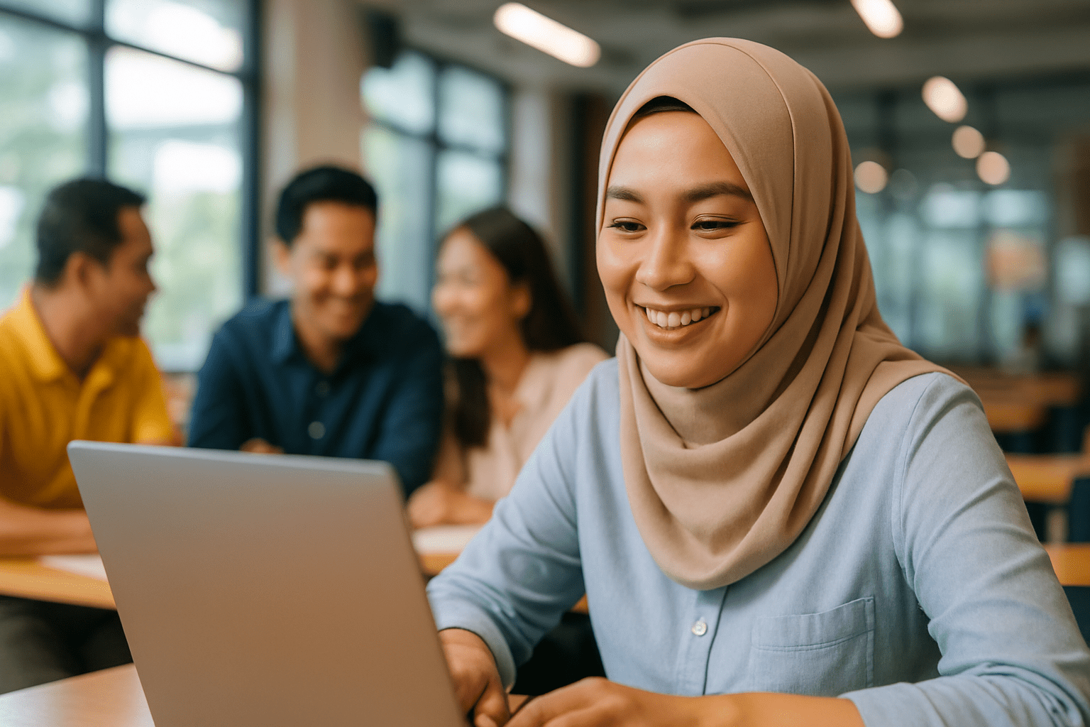 A young woman wearing a hijab smiles while using a laptop, with peers in the background.