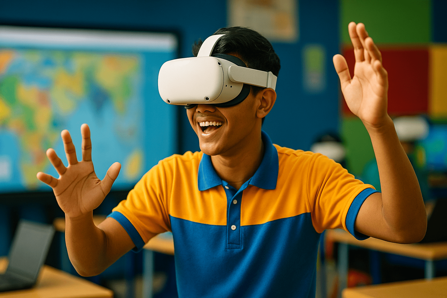 A student wearing a virtual reality headset, engaged in a learning environment.