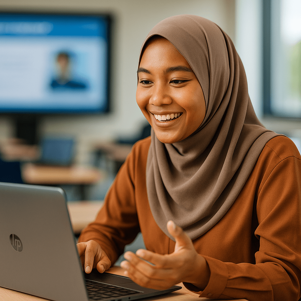 Smiling student engaging with a laptop in a classroom setting