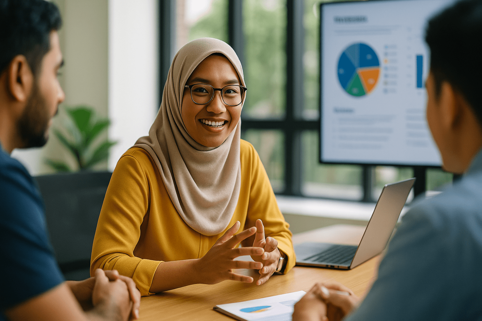 A woman in a yellow top and hijab smiling during a business discussion with colleagues.