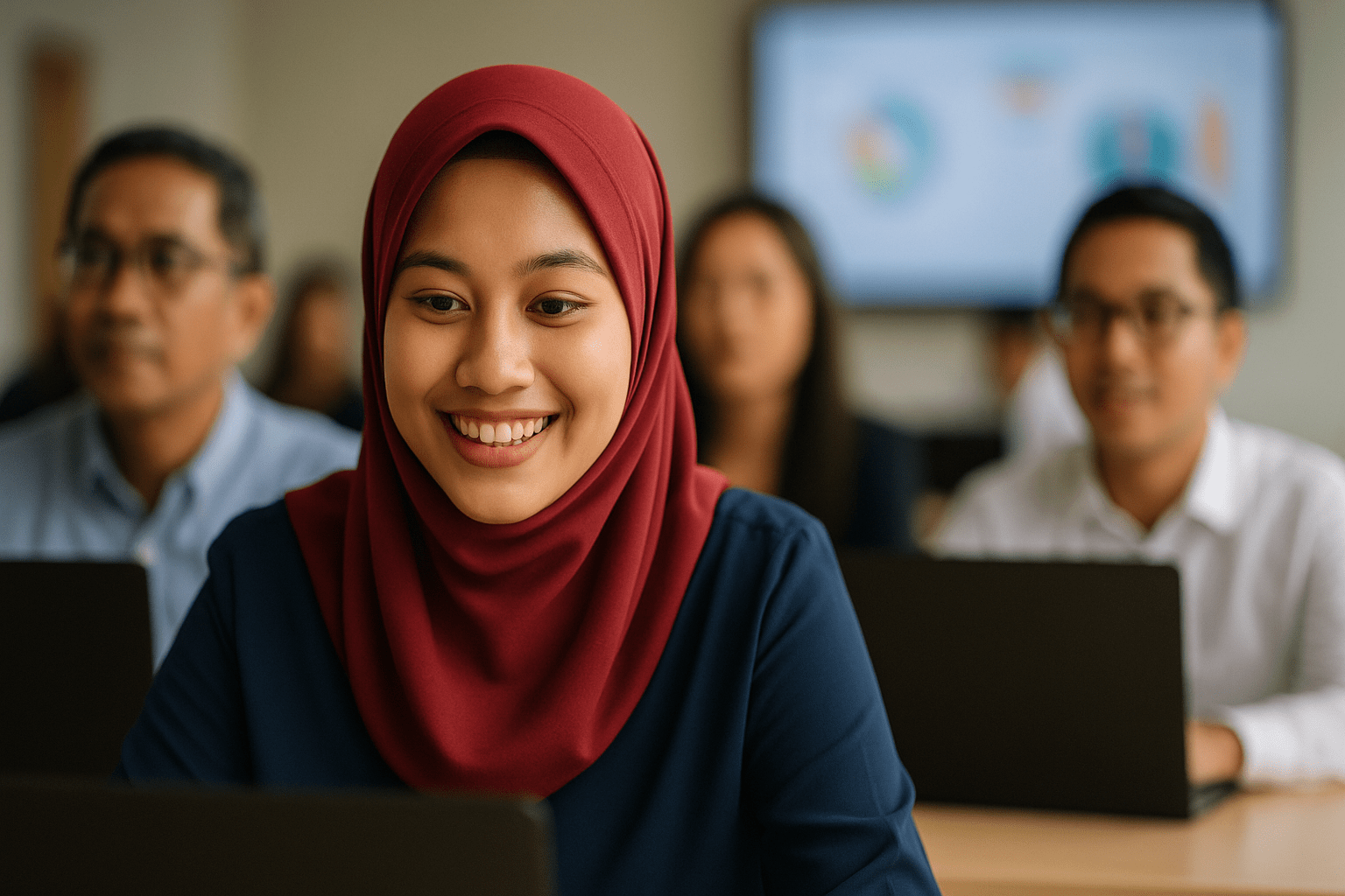 Smiling student in a classroom setting, engaged with learning materials on a laptop