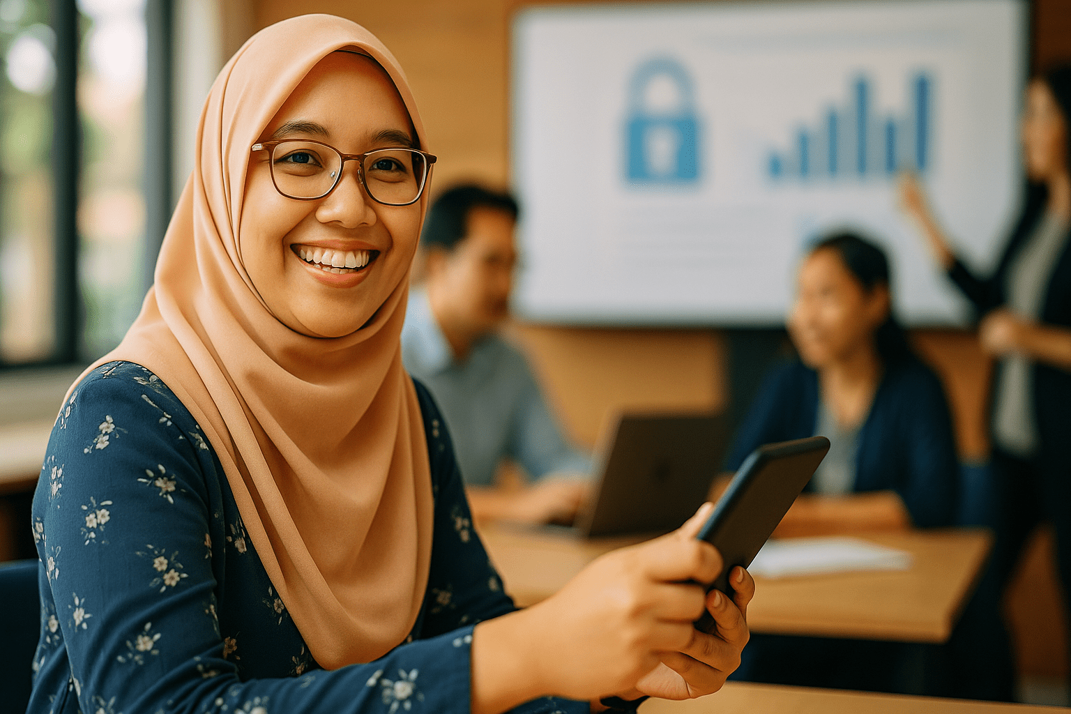 A smiling woman in a hijab holding a smartphone, in a modern meeting room with colleagues and a presentation displayed behind her