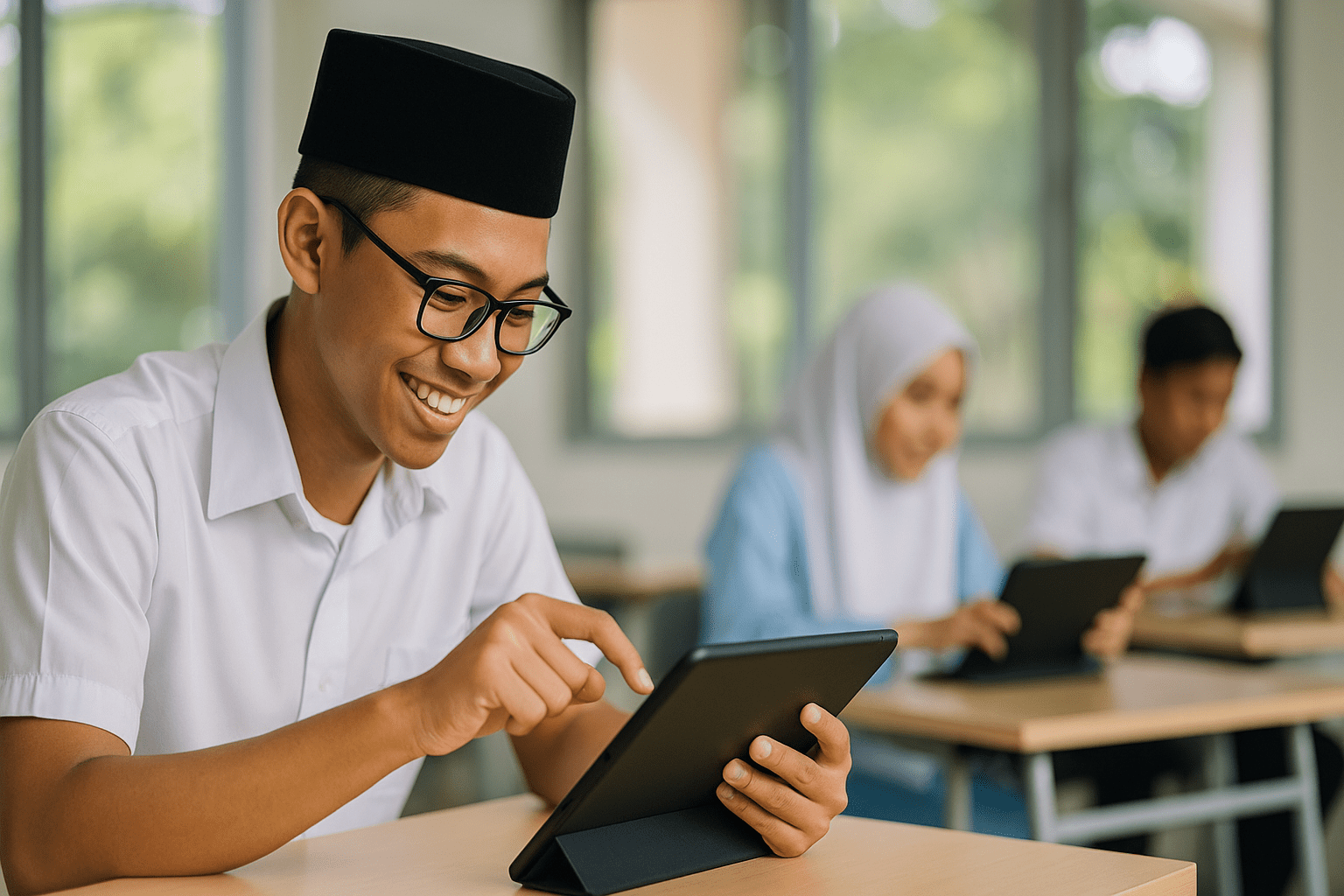 A student engaging with a tablet during an online exam in a classroom setting