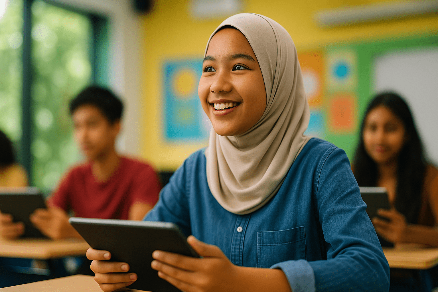 A student wearing a hijab smiles while holding a tablet in a bright classroom setting.