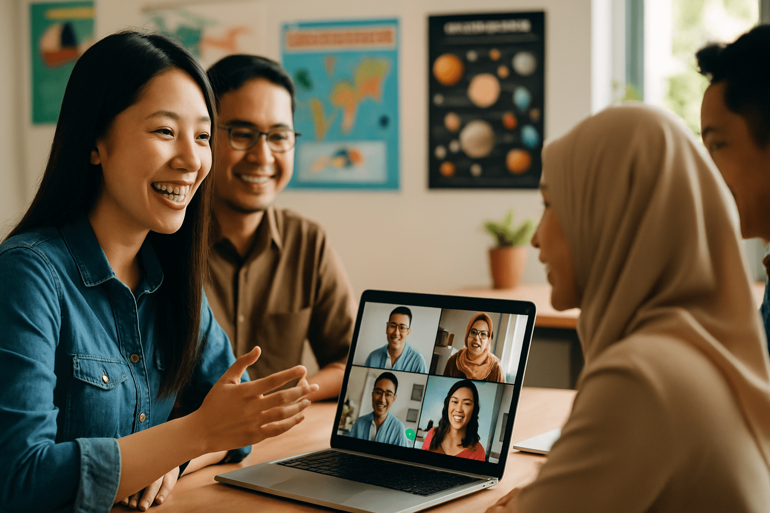 A group of people participating in an online learning session on a laptop, showcasing engagement and collaboration.
