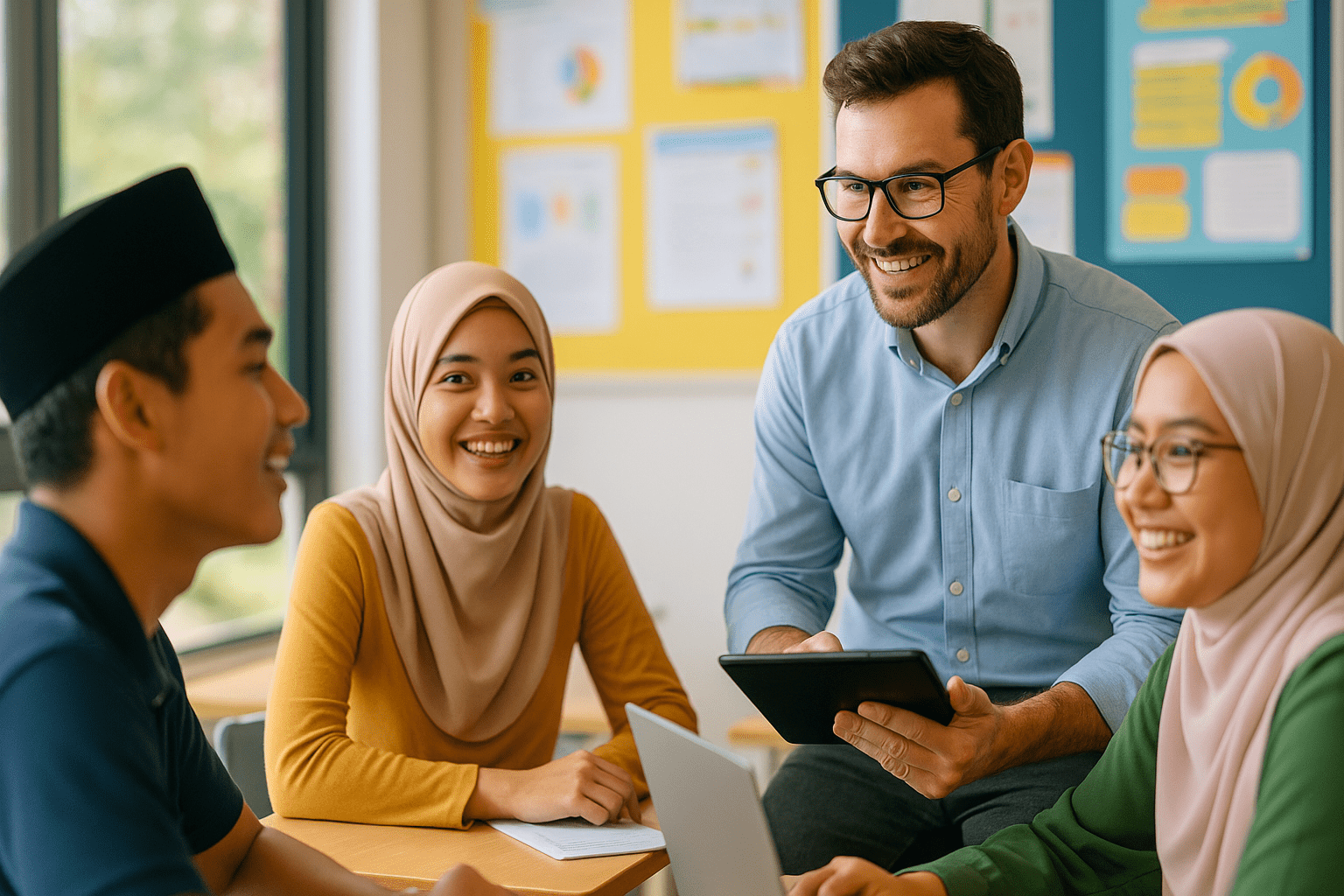 A diverse group of students and a teacher collaborating in a modern classroom