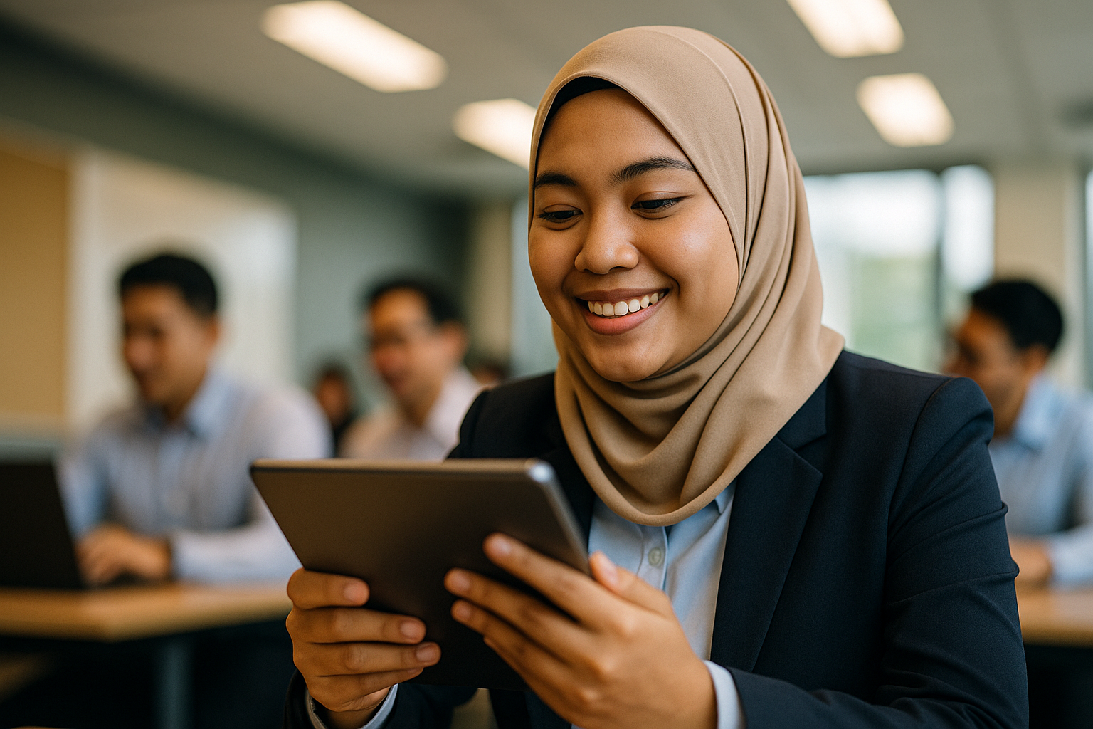 A smiling woman in professional attire using a tablet during a training session.