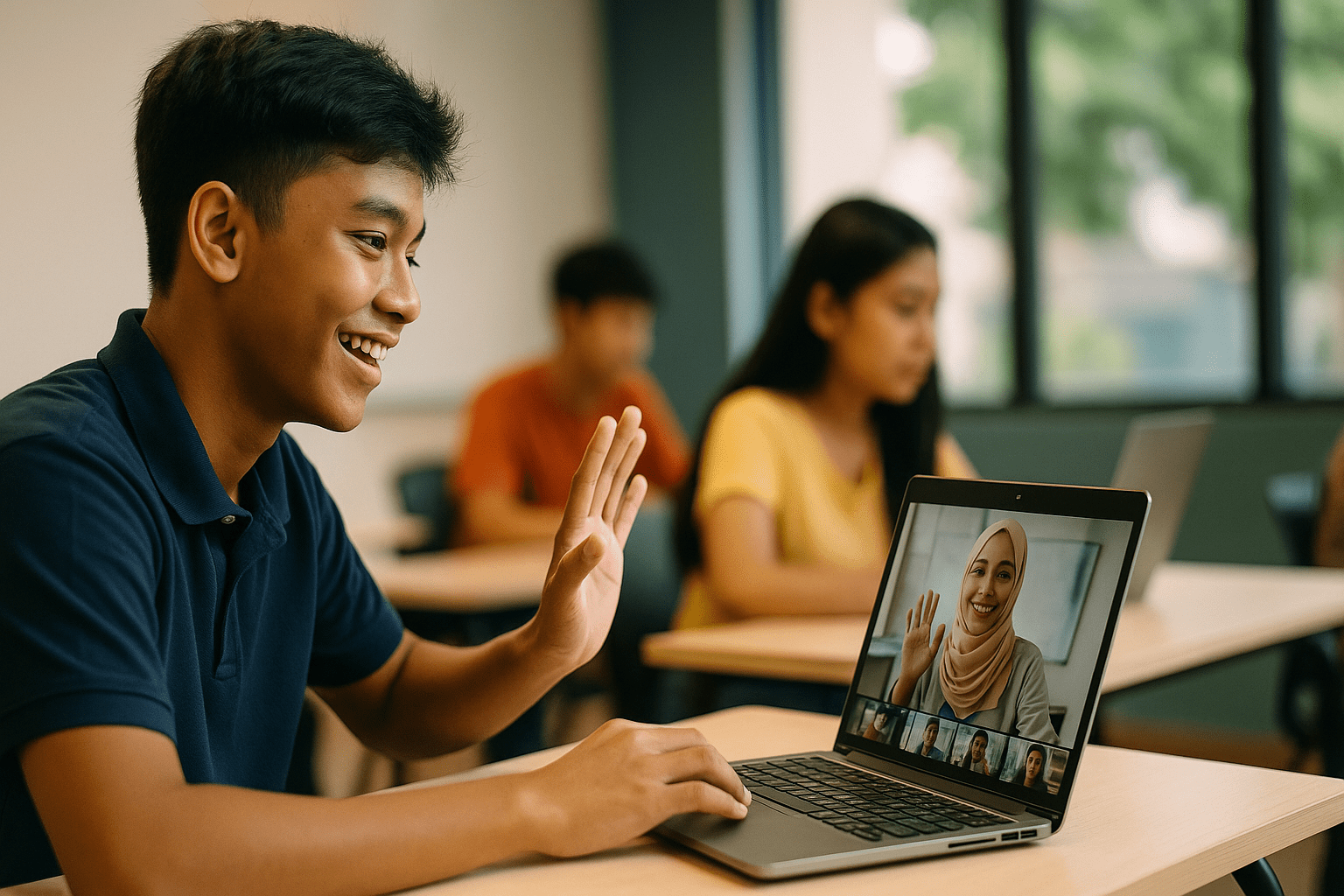 A student participating in an online class, waving at the screen, while others engage in their own work.