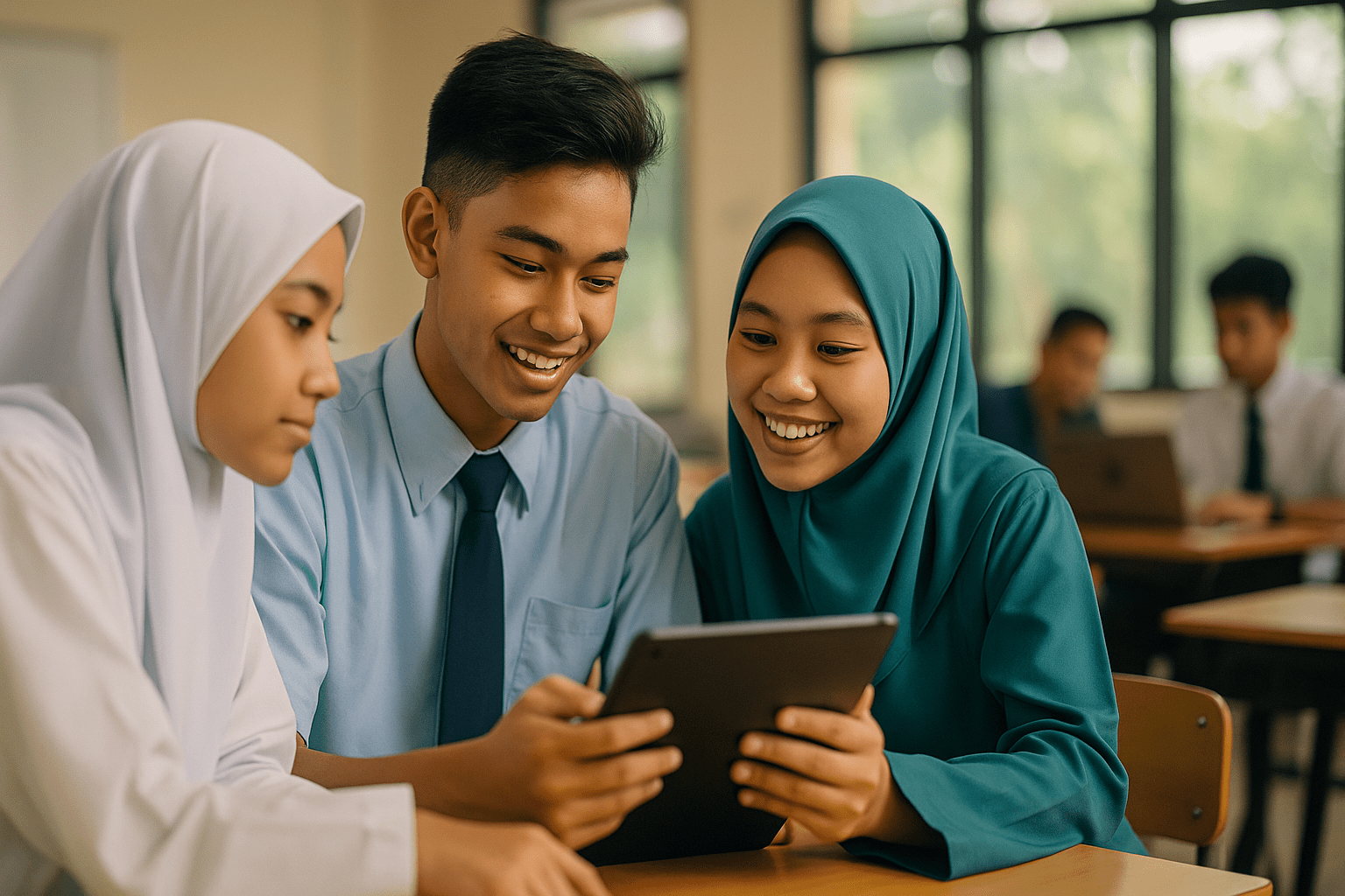 Students engaging with a tablet in a classroom setting, demonstrating collaborative learning.