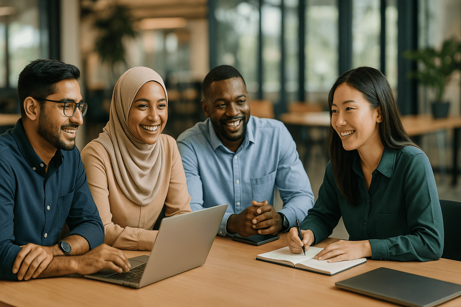 A diverse group of professionals collaborating around a laptop and notebook in a modern workspace.