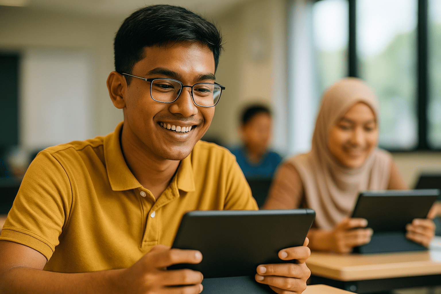 Students using tablets in a classroom setting, engaged in learning with AI chatbots.