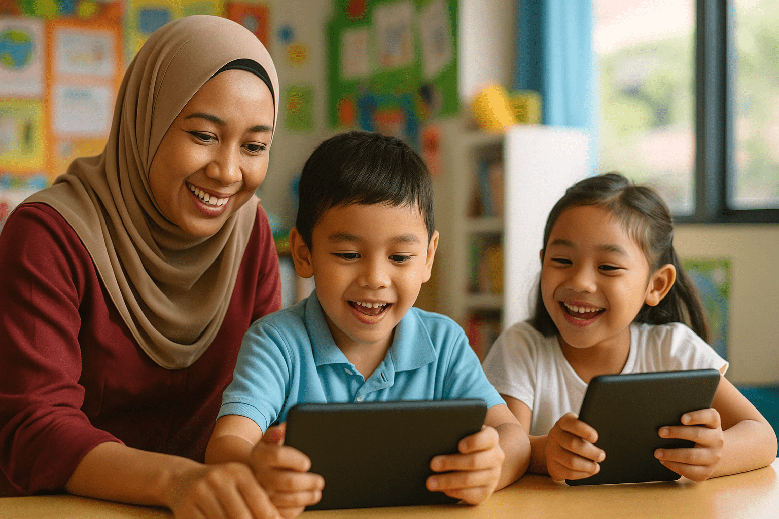 A teacher and two children using tablets in a classroom setting