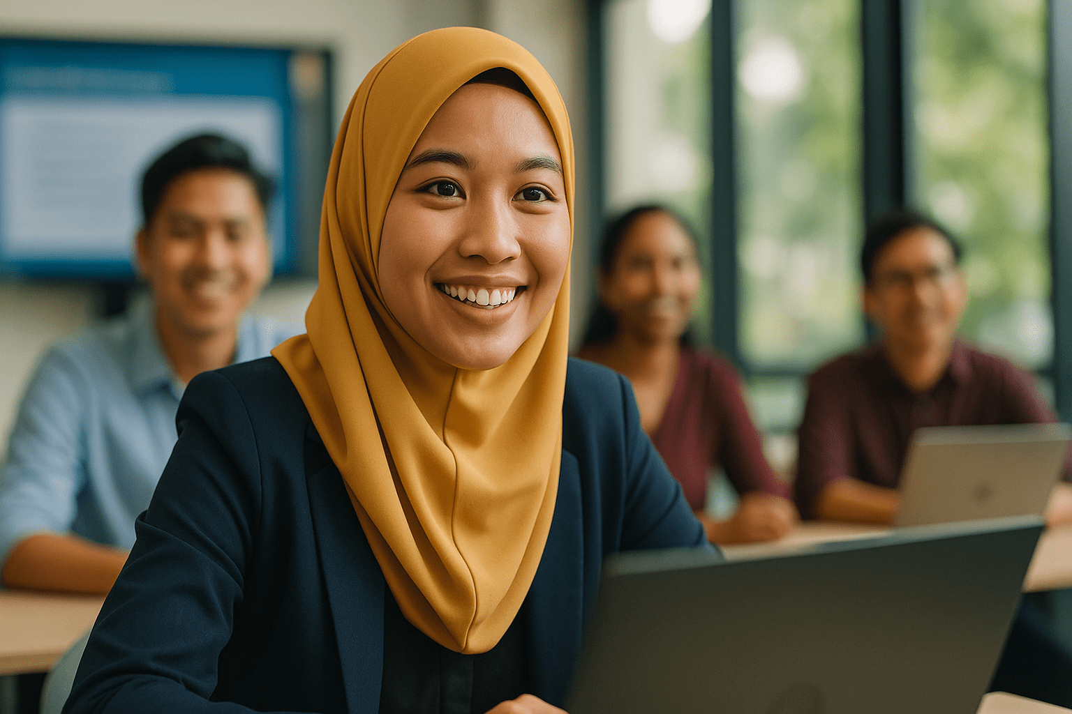 Smiling woman in a yellow hijab, seated at a desk with a laptop, alongside three colleagues in a modern office setting.
