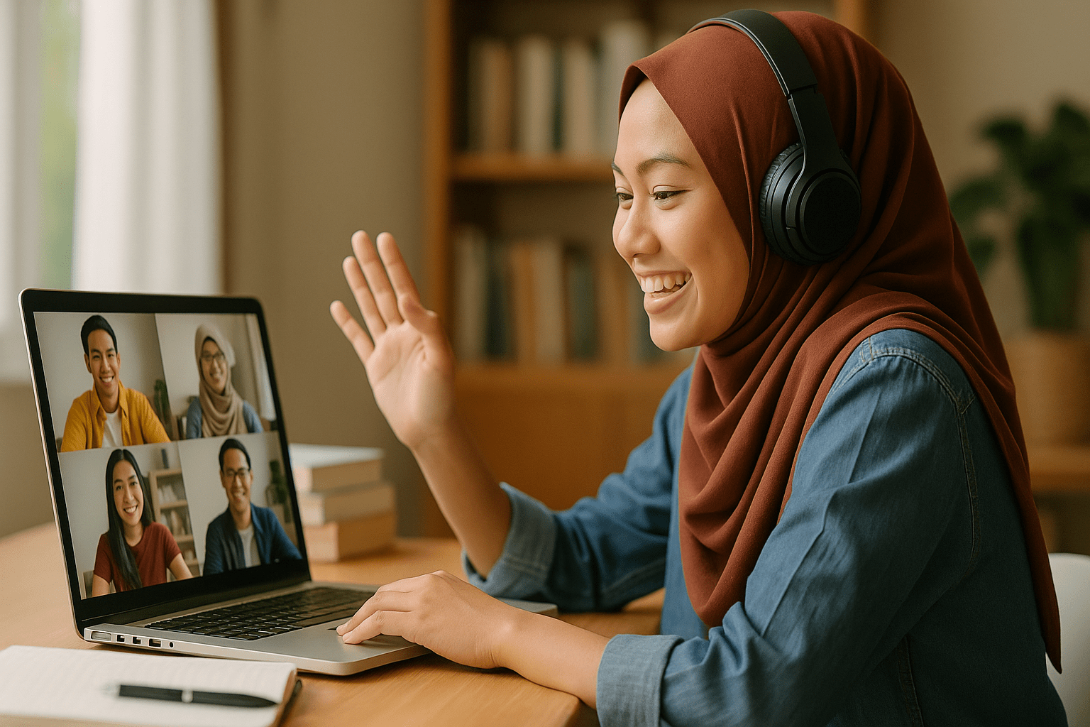 A student participating in a virtual learning session on a laptop, wearing headphones