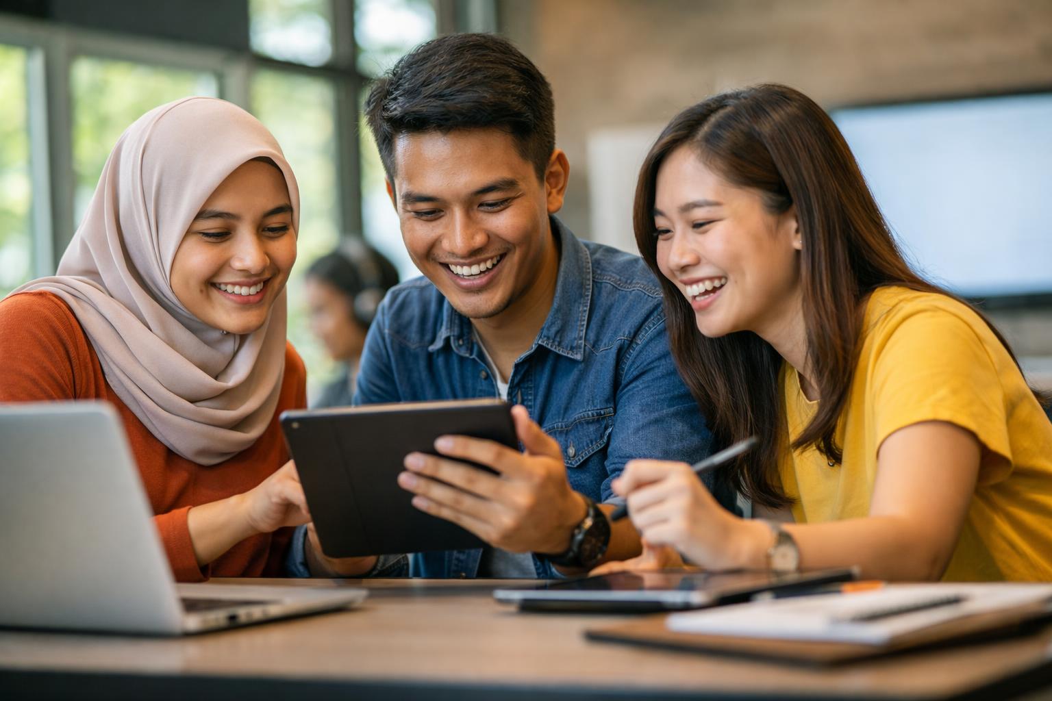 Students engaged in digital learning together, sharing a tablet in a collaborative environment